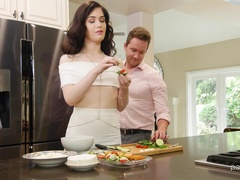 Instead of a lunch Evelyn Claire eats a hard friend's penis in the kitchen