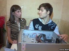 Teen Babe Has a Threesome with Two Guys and Takes Cum on Her Tits