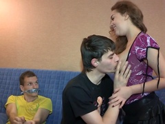 Ductaped dude must watch while another man fucks his girlfriend