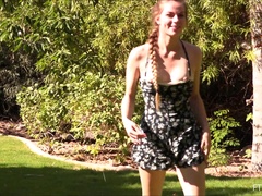 Teen blonde with pigtails Carmen masturbates in front of a mirror