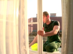 Beautiful blondes in office clothes give a blowjob to a workman