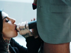 Tattooed white chick Joanna Angel swallows huge black dick before anal sex