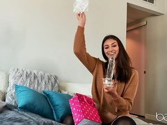 Good soloing brunette in black lingerie Bella Rolland opens her crack