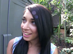 Sexy Portuguese bitch performs dirty deep throat outdoors