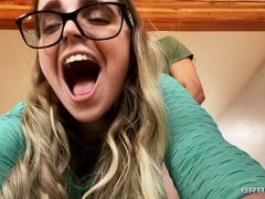 Breasty bookworm Codi Vore stands on all fours for his huge dick